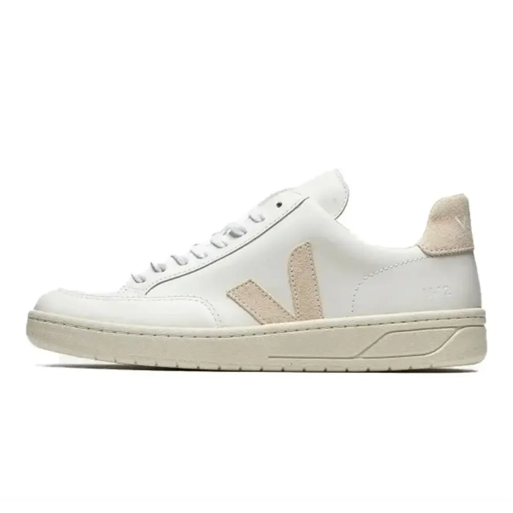 Veja V-12 Leather Low Top Lace Up Sneakers in White Sable, Size 9
